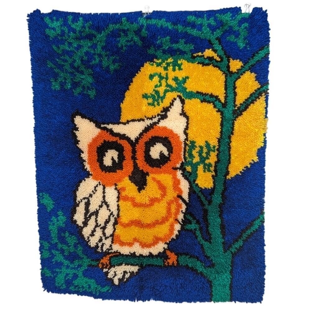 Vintage latch hook wall hanging decor orange yellow owl moon blue night sky